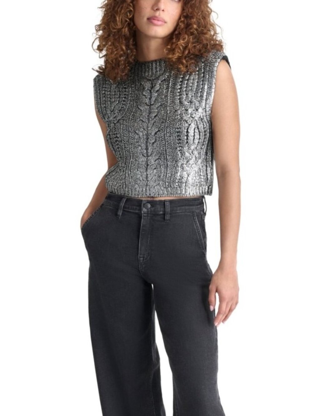 DKNY Women's Size L Metallic Coated Cable Knit Sliver Black Vest NEW